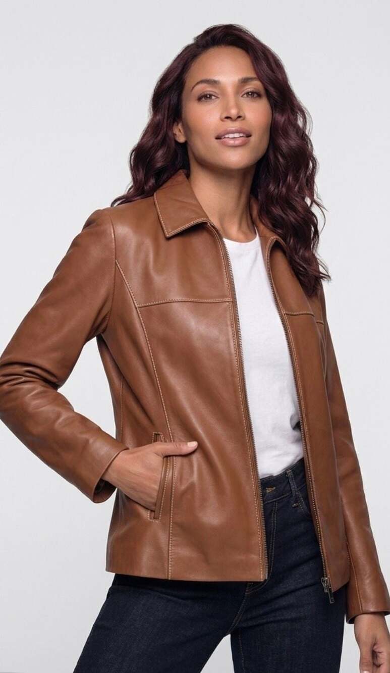 Michael Kors Women's Cognac Brown Leather Zip-Front Jacket